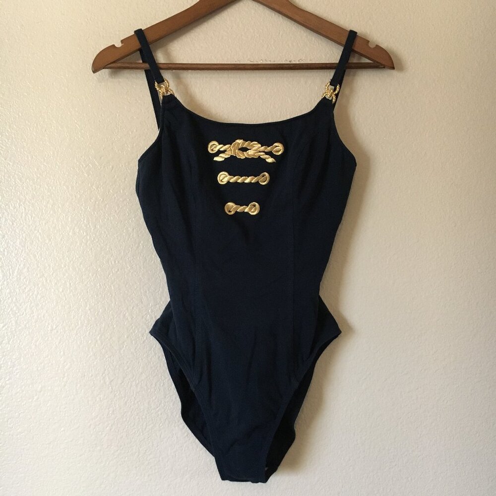 Vintage Swimsuit Navy Blue Gold Nautical 10 High-Cut One Piece Bodysuit USA